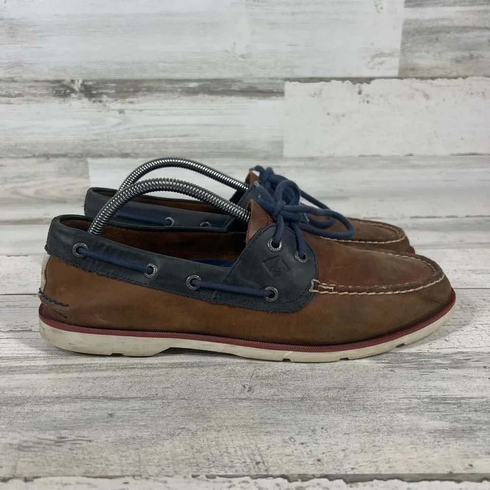 Sperry Mens Leeward 2-Eye Leather Nautical Boat Shoe Brown‎ Blue Leather Size 10